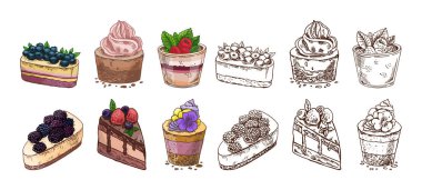 Böğürtlenli, kremalı, renkli ve tek renkli tatlılar ve pastalardan oluşan el yapımı klasik çizim seti. Fırın ambalajı, menü tasarımı, tekstil ve ambalaj kağıdı için mükemmel.