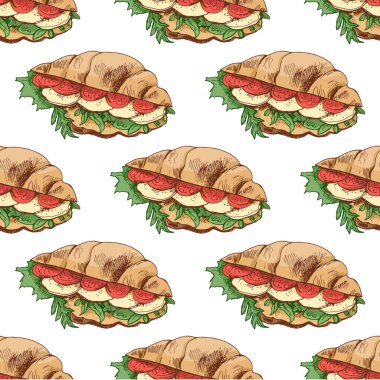 Domatesli, peynirli ve marullu kruvasan sandviçi. Renk ve tek renkli versiyonu içerir. Kafe tasarımı, menü geçmişi, ambalaj, fırın ve restoran markası için mükemmel.