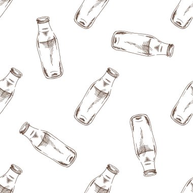 Tek renkli cam süt şişesinin elle çizilmiş, dikdörtgen desenli, kaba taslak çizim stili illüstrasyon.