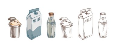 Süt kutusu, cam şişe ve krema fincanının olduğu el yapımı klasik süt seti. Menüler, kafeler, içecek ambalajları, süt ürünleri markaları ve mutfak projeleri için detaylı doku çizimi.