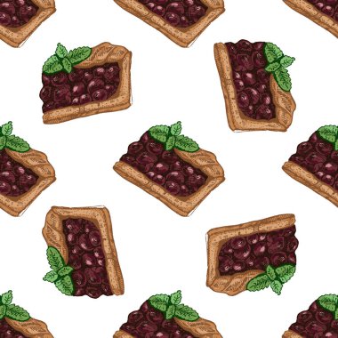 Kirazlı turta dilimleri ve elinde nane yaprakları olan kusursuz bir desen. Kafe markası, fırın ambalajı, mutfak tekstili ve şenlik tasarımları için renkli vektör.