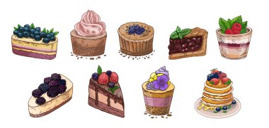 Renkli böğürtlenli kek, kek, krema fincanı, turta ve krep ile el yapımı klasik tatlı seti. Çikolata, kiraz, nane ve krem şanti de dahil. Kafe menüsü ve tarif tasarımı için ideal.