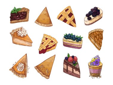 Renkli turta ve pasta dilimleriyle el yapımı klasik tatlı seti. İçinde cheesecake, mus, fındıklı tart ve krem şanti var. Kafe tasarımları, ambalajları ya da tarif çizimleri için harika.