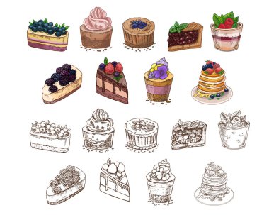 Renkli ve tek renkli el yapımı çilekli tatlılar seti. İçinde cheesecake, cupcake, tart, gözleme ve mus bardakları var. Kafe menüleri, yemek paketleri, posterler ve yemek tarifleri kitapları için harika..