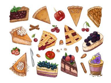 Pasta, pasta dilimleri, taze böğürtlen, kiraz, tarçın çubukları, badem ve çilek renginde el yapımı vintage seti. Paketleme, menüler, tarifler ve tatlı çizimleri için harika..