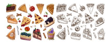 Turta dilimleri, pastalar, kirazlar, çilekler, tarçın çubukları, fındıklar ve tek renkli çatal bıçak setiyle el yapımı klasik yiyecekler. Paketleme, fırın menüleri, yemek tarifleri ve tasarımları için mükemmel..