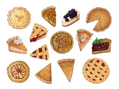 El yapımı turta ve dilimlerin klasik koleksiyonu: kafes kabuğu, krema, kiraz, fındık, dut ve balkabağı. Renkli versiyonu. Bayram menüleri, fırın, Noel ve Şükran Günü projeleri için mükemmel..