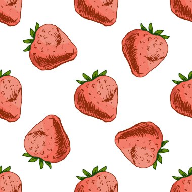 Olgun çilekler ve oymacılık tarzında eski, dikişsiz desenler. Yeşil yapraklı kırmızı meyve. Yaz tekstil, ambalaj, mutfak dekorasyonu, eko tasarımı, sağlıklı gıda ve beslenme projeleri için mükemmel..