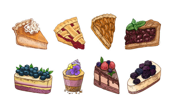 Hand drawn vintage set of pie slices with whipped cream, lattice crust, cherry filling, and nuts in color and monochrome. Great for recipe books
