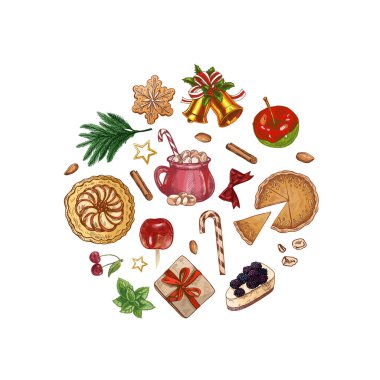 Geleneksel tatlı seti, ikramlar, kurabiyeler, turta dilimleri, nane şekeri ve kış hediyeleri. Noel ve Şükran Günü projeleri için mükemmel..