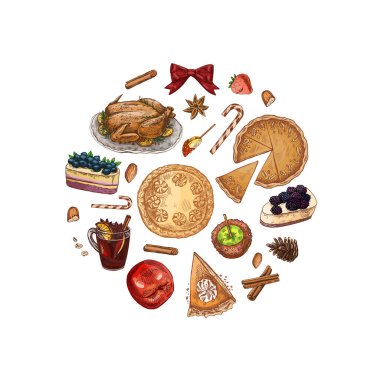 Elle çizilmiş bayram yemeğinin klasik çizimleri ile yuvarlak vektör çizimi: kızarmış hindi, turta, kek, sıcak renk paletinde sıcak şarap, elma, şeker ve baharatlar. Şükran Günü, Noel ve kış kutlamaları için mükemmel.