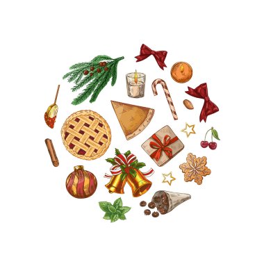 Turtalar, kurabiyeler, hediyeler, kurdeleler ve dairesel dekorla çizilmiş renkli bir Noel seti. Bayram kartları, ambalaj ve mevsimlik tasarımlar için klasik taslak çizimi çizimi.