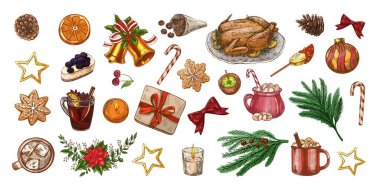 El yapımı klasik Noel unsurları ayarlandı. Kızarmış hindi, sıcak içecekler, kurabiyeler, hediyeler ve köknar dekoru. Sadece renk sürümü, monokrom yok.