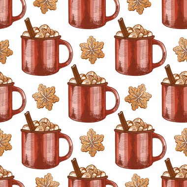 Sıcak kakaolu kırmızı kupalar, tarçınlı çubuklar, lokum ve klasik yıldız şeklinde zencefilli kurabiyeler. Noel ve kış temalı tasarımlar için mükemmel..