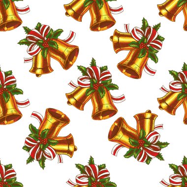 Altın çanlar, kutsal yapraklar, kırmızı böğürtlenler ve şeritli kurdeleli şenlikli dikişsiz desen. Noel ve Yılbaşı Tatil Tasarımı. Beyaz arkaplanda elle çizilmiş vektör.