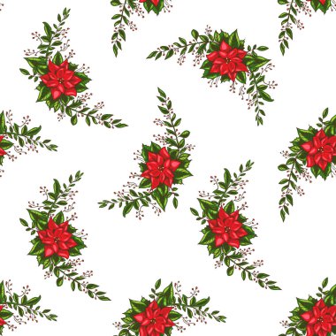 Kırmızı noktalı şenliksiz desen, kutsal yapraklar, ökseotu ve böğürtlen. El yapımı Noel botanik çiçeği tasarımı. Tatil tekstili ve ambalaj kağıdı için mükemmel..