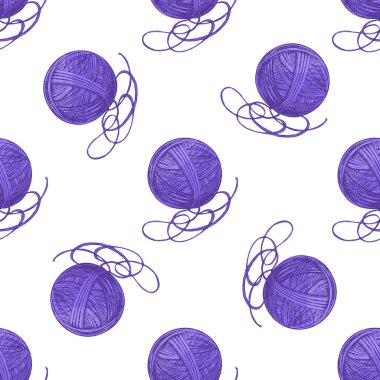 Mor el çizilmiş iplik yumağıyla klasik eskiz tarzında kıvrımlı kusursuz desen. Tekstil tasarımı, ambalaj kağıdı, el işi ve örgü temalı dekor için ideal.