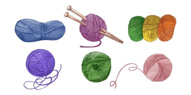 İplik ve örgü iğneli renkli iplik topları. El yapımı vintage tarzı. Örgü, dikiş, el işi, ambalaj ve konforlu projeler için mükemmel..
