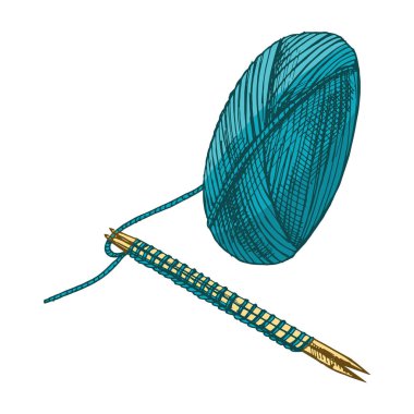İplik yumağı ve deniz mavisi renginde örgü iğnelerinden oluşan klasik bir el yapımı vektör. El yapımı, tekstil ve el yapımı projeler için detaylı bir taslak. Sadece renk sürümü, monokrom içermiyor.
