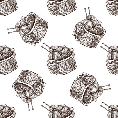 El yapımı klasik monokrom dikişsiz desen iplik topları ve örgü iğneleriyle dolu hasır sepetler. Tekstil, kumaş ve zanaat tasarımları için uygun klasik çizgi örgü teması.