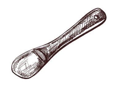 Eski el çizimi, sapında kahverengi mürekkep şeklinde bir delik olan tahta bir kaşık. Mutfak, mutfak gereçleri ya da retro gıda tasarımları için harika..