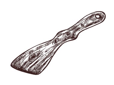 Ahşap ahşap desenli ve sapında delik olan eski el çizimi bir spatula. Mutfak tasarımları, retro mutfak temaları ya da yiyeceklerle ilgili çizimler için ideal..