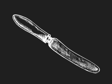 Yuvarlak bıçaklı, yuvarlak bıçaklı ve klasik saplı, beyaz tebeşirle çizilmiş masa bıçağı. Restoran markası, ambalaj veya klasik mutfak dekorasyonu için ideal..