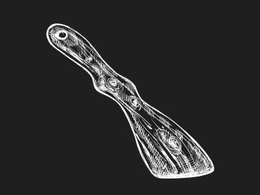 Koyu tahtaya beyaz tebeşirle çizilmiş Rustik ahşap spatula. Mönü tasarımı, gıda markalaşması, kafe dekorasyonu ve pişirme grafikleri için uygun klasik mutfak aracı çizimi.