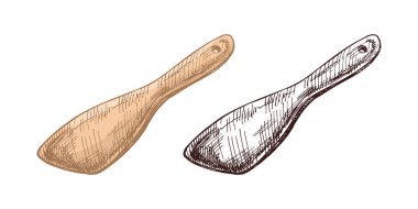 Elle çizilmiş ahşap mutfak spatulası renkli ve tek renkli versiyonlarıyla sunuluyor. Aşçılık, ambalaj ve mutfak tasarımı için vintage oyma stili çatal bıçak izole vektör çizimi.