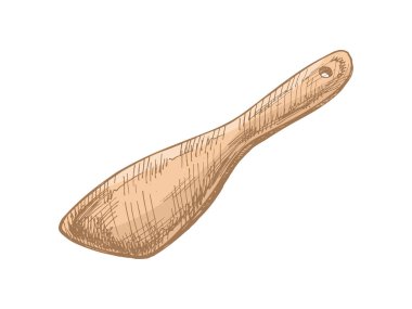 Elle çizilmiş ahşap mutfak spatulası doğal renklerde. Aşçılık tasarımı, fırın markalaştırma ve ambalaj projeleri için vintage oyma stili çatal-bıçak izole vektör çizimi.