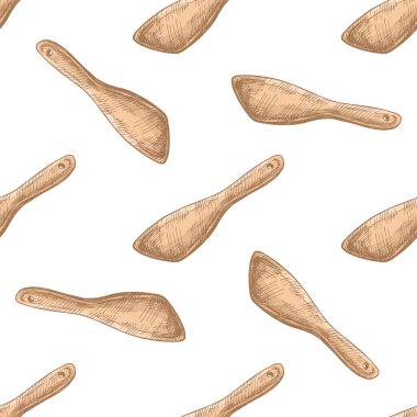 Elle çizilmiş ahşap mutfak spatulası, dikişsiz, kahverengi renkli. Paketleme, tekstil, mutfak dekorasyonu ve marka tasarımı için klasik oyma stili mutfak aletleri çizimi.