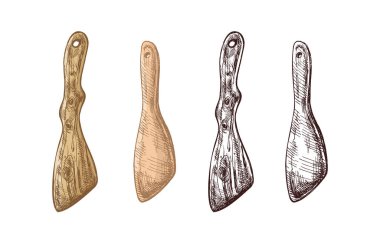 Hand drawn set of four wooden kitchen spatulas presented in color and monochrome versions. Vintage engraving style culinary utensil collection isolated vector illustration for cooking design and packaging projects.