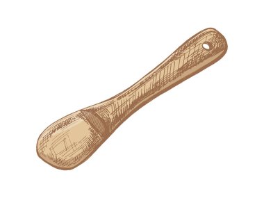 Elle çizilmiş klasik ahşap mutfak spatulasının doğal kahverengi rengi. Yemek pişirme, pişirme, paketleme ve menü tasarımı için ayrıntılı oyma stili mutfak aletleri çizimi.