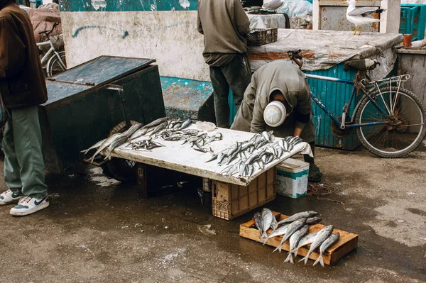 Ψαράδες Στο Στάβλο Που Πωλούν Ψάρια Στο Μαρόκο — Φωτογραφία Αρχείου
