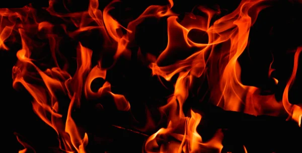 Hot Orange Flames Burning Wood Fireplace Fire Dance Black Background — Stock Photo, Image