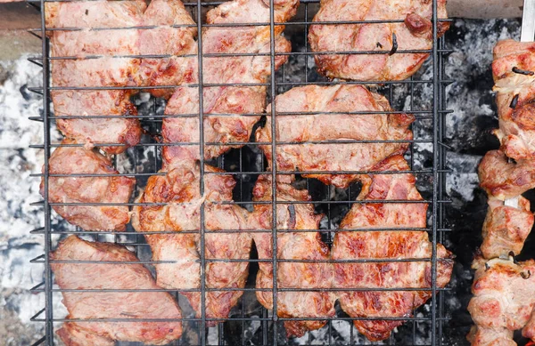 Leckere Gegrillte Schweinefleisch Bbq Barbecue Mit Schweinefleisch Spieße Auf Dem — Stockfoto