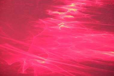 Soyut fraktal ışık arkaplan fotoğrafı. Kırmızı, turuncu, altın rengi ışık, ışınlar, koyu arkaplanda şekiller. Arkaplan fotoğrafı lazer ışınları kırılarak çizildi.