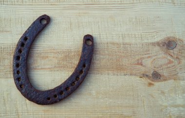 Çam ağacının üzerindeki paslı at nalı. Doğal ahşap arka plan. Ahşap dokular. Metin için yer.