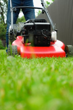 Ekose gömlekli ve kot pantolonlu bir adam çimleri çim biçme makinesiyle biçiyor. Bahçıvanlık.