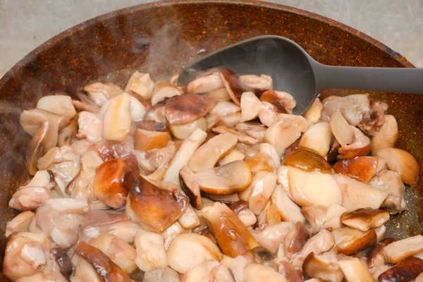 Boletus Fried Pan Cooking Porcini Mushrooms Frying Pan Close View — Stock Photo, Image