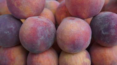 Tight pile of fuzzy peaches with warm red orange hues