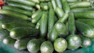 Pile of cucumbers stacked, some round, some long