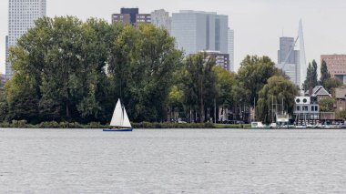Kralingse plas Rotterdam 'da yelkenli, arka planda şehrin silueti var.
