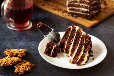 Tatlı, tatlı, çayla çikolatalı kek, tatlıya düşkün kahvaltı, üst manzara.