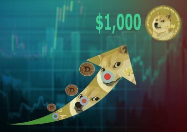 Diyagramın mavi arka planında, dogecoin kripto para biriminin 1000 dolarlık büyüme grafiği