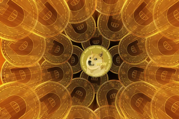 Moneta Dogecoin Attrae Denaro Criptovaluta Popolare Sfondo Giallo Monete — Foto Stock