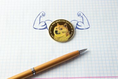 Arkadaki kağıdın arka planında güçlü bir dogecoin, hafif arkaplan