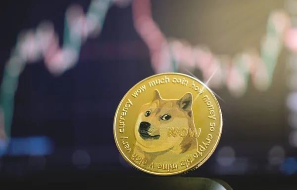 Dogecoin Meme Criptovaluta Primo Piano Sullo Sfondo Del Grafico Buio — Foto Stock