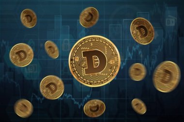 Grafiğin arkaplanındaki dogecoin sikkeleri mavi renkte, bir sürü uçan sikke