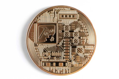 Bitcoin 'in arka yüzü yakın plan, madencilik logosu